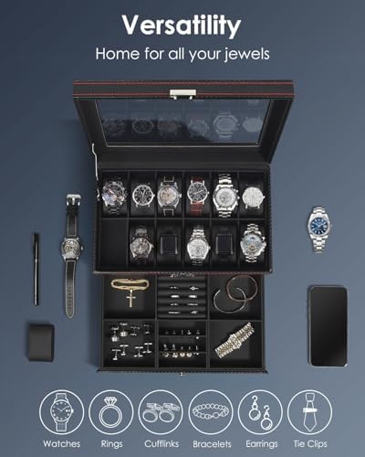 Mens Watch Box Jewelry Organizer,12-Slot 2-Layer Watch Case -Black - Image 4
