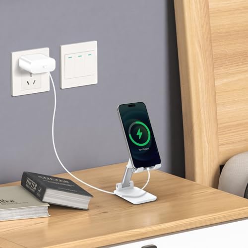 Cell Phone Stand, Adjustable Angle and Height Cell Phone Holder for Desk, Foldable and Portable, Anti-Slip Silicone Pad, Compatible with All Mobile Phones and 4-8 Inch Devices (White&White) - Image 4