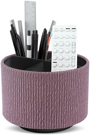 Round Leather Art Supply Organizer,Remote Control Holder,360 Degree Spinning,Multi-Functional Pencil Holder,4 Compartments Desktop Stationary Organizer(1-Wood Soil) by Hennaja