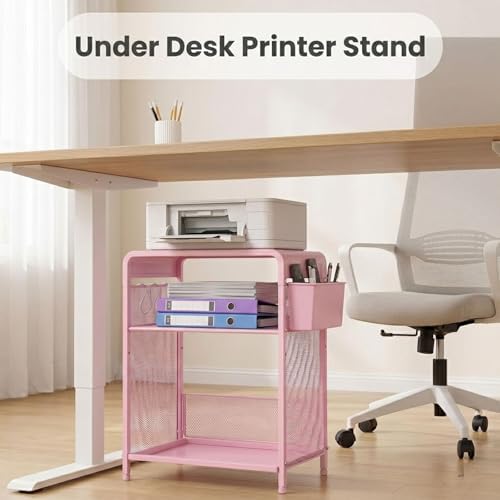 Small 3 Tier Printer Stand for Under Desk, Height Adjustable Shelf Printer Table with 3 S-Hooks & Basket, Heavy Duty Industrial Storage Shelf for Home Office (Pink) - Image 4