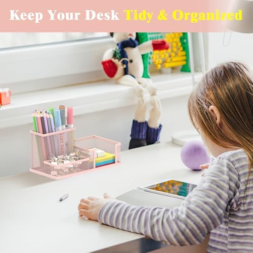 Mesh Pen Holder Desk Organizer, Office Supplies Pencil Storage with 3 Compartments, Office Desk Accessories and Workspace Organizers for Home School Classroom, Pink - Image 5