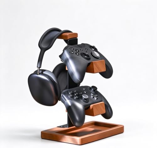 2-in-1 Solid Wood Controller Holder and Headphone Stand with Storage Tray by QRZLP