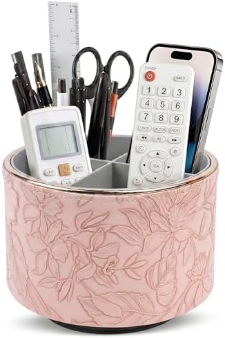 Remote Control Holder, 360°Spinning PU Leather Desk TV Remote Caddy,Desk Storage Box Room Accessories for Controller, Media,Mail,Calculator, Mobile Phone,Pencil(1B-Golden Pink) by Hennaja