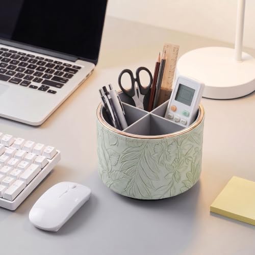 Round Leather Art Supply Organizer,Remote Control Holder,360 Degree Spinning,Multi-Functional Pencil Holder,4 Compartments Desktop Stationary Organizer(1-Golden Green2) - Image 6