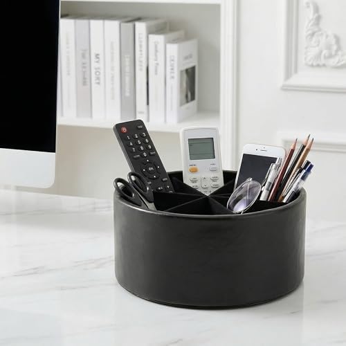 Remote Control Holder, 360°Spinning PU Leather Desk TV Remote Caddy,Desk Storage Box Room Accessories for Controller, Media,Mail,Calculator, Mobile Phone,Pencil(1-Oil Black) - Image 6
