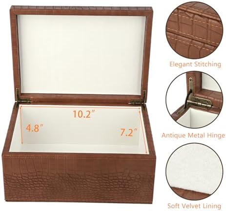 HofferRuffer Faux Leather Decorative Box, Large Wooden Structure Keepsake Box Accessory Organizer Jewelry Organizer with Hinged Lid, Storage Container for Home or Office (CrocoBrown) - Image 3