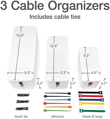 Oxford Cable Management Boxes, 3 Pack, Small, Medium, Large, 15 Cable Ties (Hook & Loop, Silicone,Twist Ties), Power Strip Organizer, White (27800) - Image 2