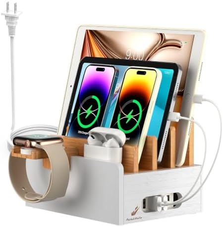 Bamboo Charging Station with USB Charger&Cables-Natural+White by PezinHulin
