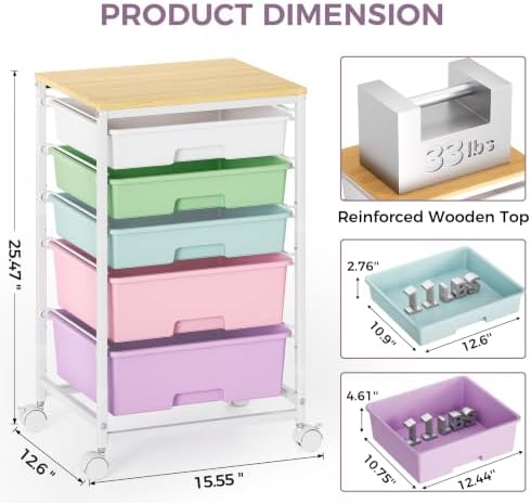 5-Tier Rolling Cart with Drawers with Wooden Top, Ice Cream - Image 3
