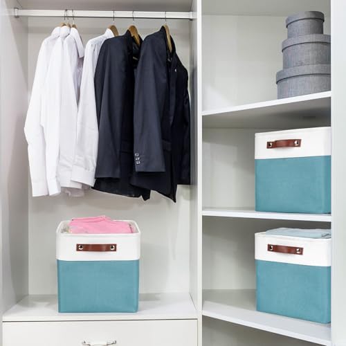 Collapsible Fabric Storage Cubes 11x11 Cube Storage Bins, 4 Pack Closet Baskets Box with Handles for Organizing, Shelf, Toys, Clothes, Home, Office, Nursery (Teal&White) - Image 2