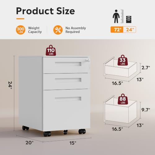 DEVAISE 3 Drawer File Cabinet with Lock, Fully Assembled Except Casters - Image 3
