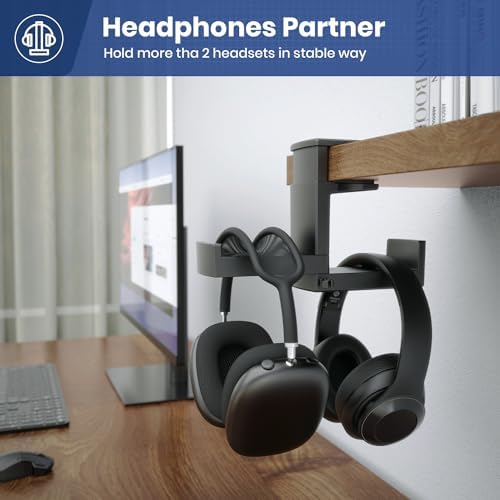 Dual Headphone Stand Holder - EURPMASK 2 in 1 PC Gaming Headset Hooks, 360 Degree Rotating Headphone Hanger with Adjustable Clamp & Cable Clip Organizer, Headset Mount Under Desk Earphone Clamp-Black - Image 2