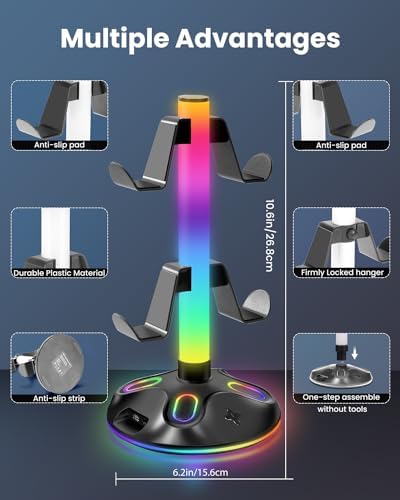 RGB Headphone Stand for Desk, Innovative Headset Stand with 9 Light Modes - Controller Holder with USB Charging and Type-c Port, Gamepad Earphone Accessories (Black) - Image 3