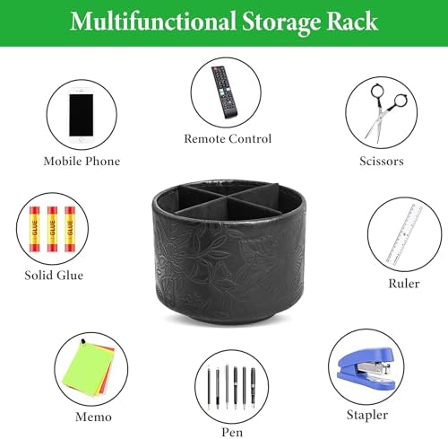Round Leather Art Supply Organizer,Remote Control Holder,360 Degree Spinning,Multi-Functional Pencil Holder,4 Compartments Desktop Stationary Organizer(1-Carved Black) - Image 5