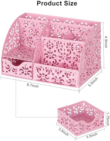 EasyPAG Desk Organizer and Pen Holder for Desk, Mesh Office Supplies Storage Caddy with Drawer for Small Space, Desktop Organizer for Home Office, Pink - Image 7