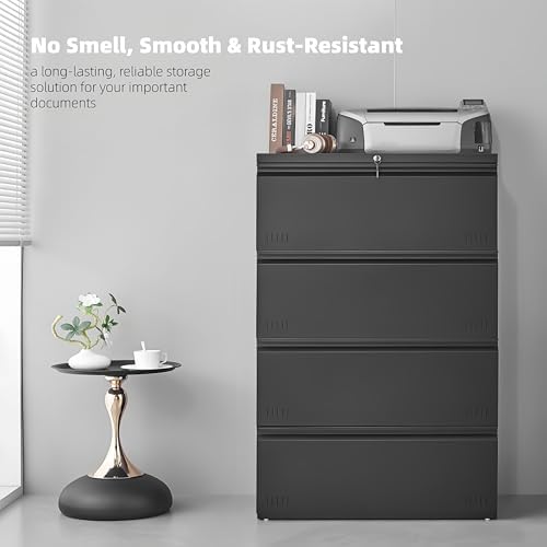Lateral 4 Drawer File Cabient with Lock, Metal Filing Cabinets for Home Office, Heavty Duty Office Storage Cabinet for A4/Letter/Legal (Matte Black) - Image 6