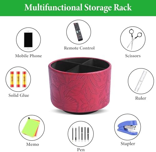 Round Leather Art Supply Organizer,Remote Control Holder,360 Degree Spinning,Multi-Functional Pencil Holder,4 Compartments Desktop Stationary Organizer(1-Carved Red) - Image 5