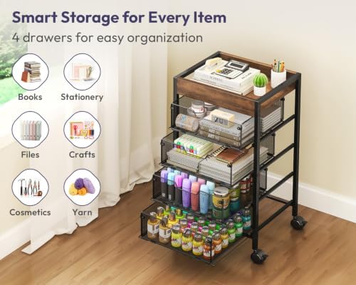 Rolling Cart with Drawers - Under Desk Storage Cart with Wheels, 4 Metal Drawers, Wood Top, Utility File Cart for Office Organization, Art, Craft, Classroom, Kitchen, Bedroom Espresso - Image 4