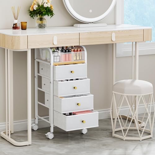 Rolling Makeup Organizer Cart - Under Desk Vanity Makeup Storage with 4 Non-woven Drawers, Nail Cart Organizer Cosmetic Display Cases Cabinet for Skin Care Perfume Nail Polish Brush Hair Tool - Image 3