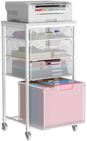 4 Drawer Rolling File Cart with Wheels, Mobile Filing Cabinet for Home Office, Hanging File Organizer, Under Desk Storage, Multifunctional Utility Cart Printer Stand, White by shengbaomaoyi
