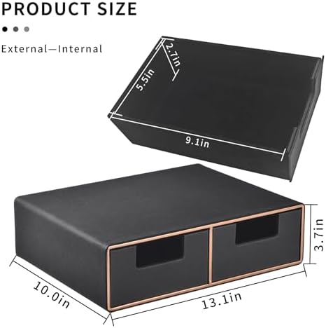 Linen Leather Desk Organizer and monitor stand with Drawers－Mini Desktop Drawer Organizer Stackable－Tabletop Organization Storage Box for Office Supplies Home Vanity Toiletries (Black, 2-drawers) - Image 3