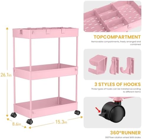 3 Tier Rolling Cart with Wheels, Storage Craft Art Trolley Organizer Serving, 3 Hanging Baskets Easy Assembly, for Office, Living Room, Kitchen, Pink - Image 3
