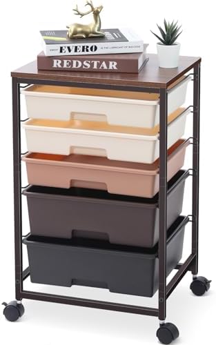 Rolling Cart with Drawers, 5 Drawers Utility Cart, Dark Brown by SYKIARIOL