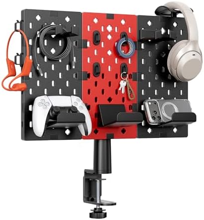 PEGZONE Modular Headphone and Controller Holder for Game, Clamp-on Pegboard, Rotatable Controller Stand with Cable Hooks, Gaming Accessory for Xbox PS5 PS4 Nintendo Switch, 3Pcs Pegboard, Red by Pegzone