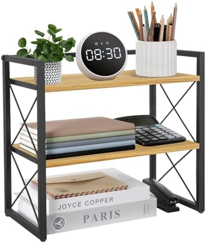 Desktop Shelf Organizer, 2 Tier Office Shelves, Wood Desk Organizer Storage Rack and Freestanding Display Shelf for Office, Dormitory, Home (Black Wood) by YINMIT