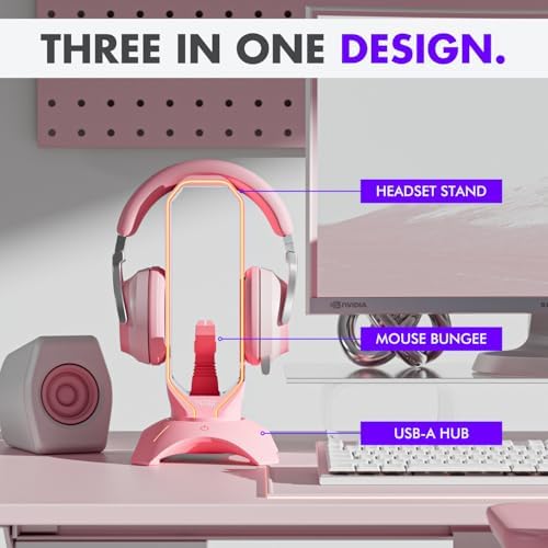 Cute Headphone Stand Pink | Headset Stand with RGB, Mouse Bungee Holder, and 2 Port USB Hub Charger - Desk Gaming Accessories - Image 2