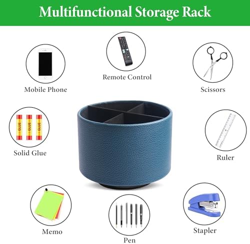 Round Leather Art Supply Organizer,Remote Control Holder,360 Degree Spinning,Multi-Functional Pencil Holder,4 Compartments Desktop Stationary Organizer(1-Lichee Green) - Image 5