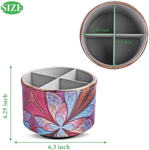 Round Leather Art Supply Organizer,Remote Control Holder,360 Degree Spinning,Multi-Functional Pencil Holder,4 Compartments Desktop Stationary Organizer(1-Fractal Flower2) - Image 2