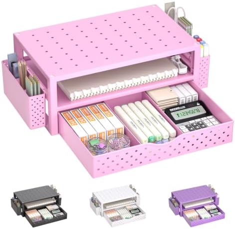 WALI Desk Organizer with Drawer and Pen Holder, 3 Tier Computer Monitor Stand for Home Office Supplies, Laptop Stand Riser for Computer, Laptop, Printer(PTT004-P), 1 Pack, Pink by WALI