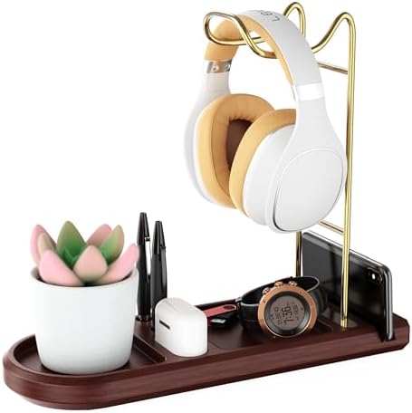 Wooden Headphone Stand for Desk, Gold Headset Holder with Tray by ATSKIM