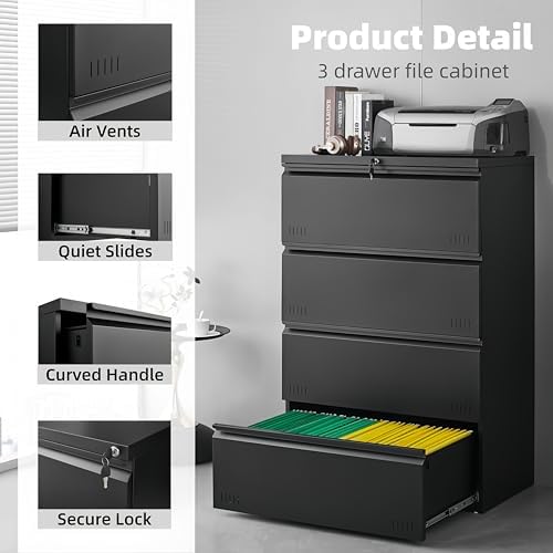 Lateral 4 Drawer File Cabient with Lock, Metal Filing Cabinets for Home Office, Heavty Duty Office Storage Cabinet for A4/Letter/Legal (Matte Black) - Image 4