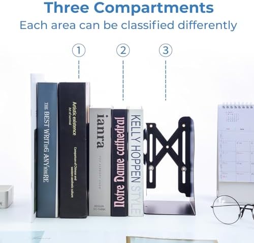 M&G Adjustable Bookends Book Ends for Shelves, Metal Bookend for Heavy Books, Desk Magazine File Organizer Holder Extends up to 20in, Book Stopper for Home, Office, Classroom (Black) - Image 3