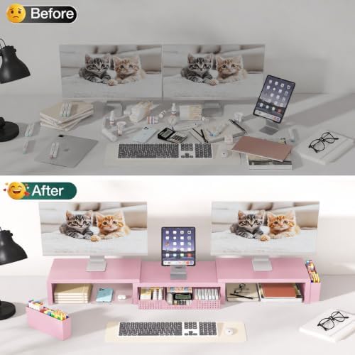 Desk Organizer and Accessories, Computer Monitor Stand Riser with Drawer and 2 Pen Holders, Laptop Stand, Office Desk Accessories for Office Supplies, Pink - Image 6