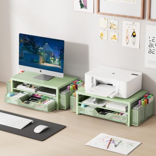 Desk Organizer and Accessories, 2-Tier Computer Monitor Stand Riser with Drawer and 2 Pen Holders, Laptop Stand, Office Desk Accessories for Office Supplies, Light Green - Image 7