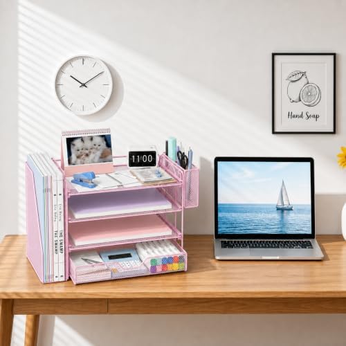 Desk Organizers and Accessories, 4-Tier Desktop File Organizer with Drawer and Pen Holders, Office Desk Accessories Workspace Organizers for Office Supplies (Soft Pink) - Image 6