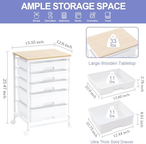 Rolling Cart with Drawers, 5 Drawers Utility Cart, Bright White - Image 3