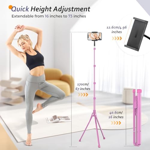 Aureday Adjustable Tripod Stand, 67” Height, Tablet Holder for iPad mini/Air/Pro, Kindle, Switch, Smartphones, 4.7”-12.9” Devices, Pink - Image 2