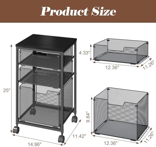 Rolling File Cart with 3 Drawers, Filing Cabinet, Hanging Folder Holder Organizer with Wheels, Under Desk Storage Utility Cart, File Cabinet Printer Stand for Home Office, Black - Image 2