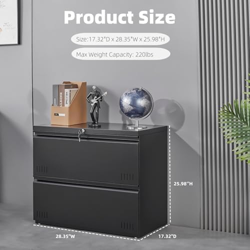 2 Drawer File Cabinet, Lateral File Cabinet with Lock, Printer Stand, Heavy Duty Office Storage Cabinet, Filing Cabinets for Home Office, A4/Letter/Legal Size, Assembly Required(Black) - Image 3