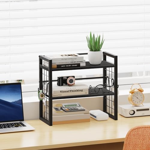 Desk Shelf Organizer, 2 Tier Wooden Desktop Bookshelf, Black - Image 2