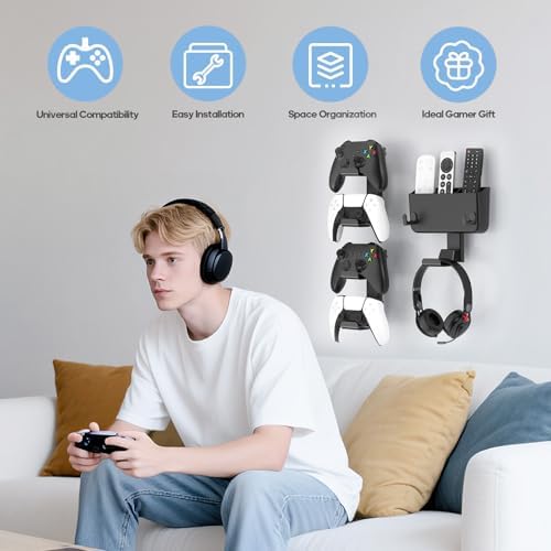 Controller & Headset & Remote Holder Wall Mount with No Drill, 2 Packs Gaming 4 Controllers Hanger Hook Mount for PS5/PS4/XBOX/Switch, Headphone Stand & Remote Control Holer Wall Shelf with Adhesives - Image 6