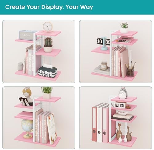 Desktop Bookshelf, Tiered Desk Organizer Shelf, Wooden Tabletop Bookshelf Small Desk Book Shelf, Dresser Top Organization Storage Rack and Desk Decorations for Women Office, Pink - Image 6