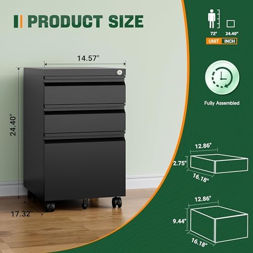 3 Drawer Mobile File Cabinet with Lock,Under Desk Metal Filing Cabinets for Home Office Organizer Letters/Legal/A4((Fully Assembled-Black) - Image 2