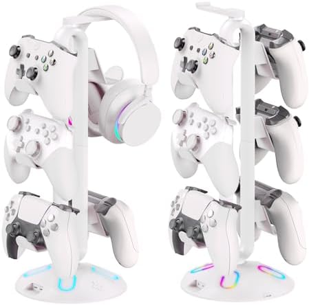RGB Headphone Stand and Controller Holder With 9 Light Modes - 2 USB Charging Ports, 3.5mm & Type-C - Hanger Accessories for Desk and Gamer (White) by ArtandGame