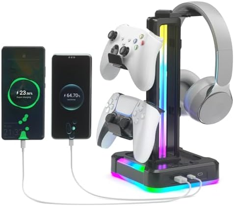 KDD RGB Gaming Headphone and Controller Stand with 2 Type-C and 1 USB Ports by KDD