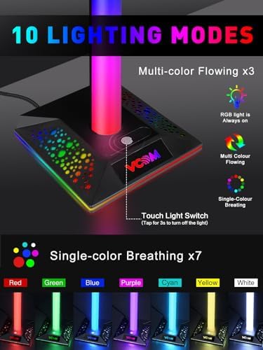 VCOM RGB Gaming Headphones Stand with 2 USB and 1 Type-C Ports, Headset Stand with 10 Light Modes and Non-Slip Rubber,Suitable for All Earphone Accessories, Best Gift for Desk Gamers - Image 2
